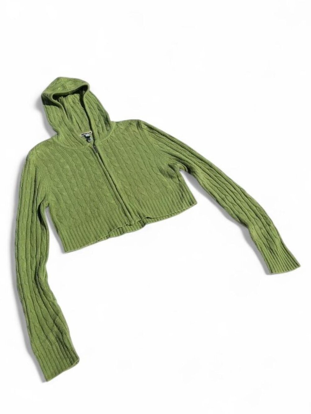 Anchor Blue Y2K Green Cable Knit Zip Up Hoodie Cropped Fairycore